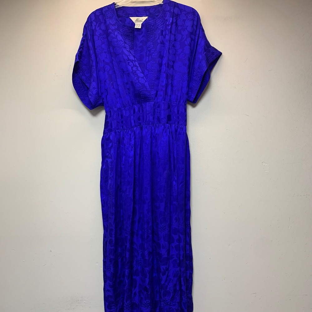 Alicia Silk Midi Dress Women 16 Blue Excellent Floral Jacquard Vintage 80s Tie